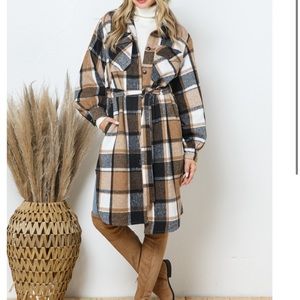 EUC Long Plaid Button Down Extra Long Flannel Jacket w/ belt (removable), size L